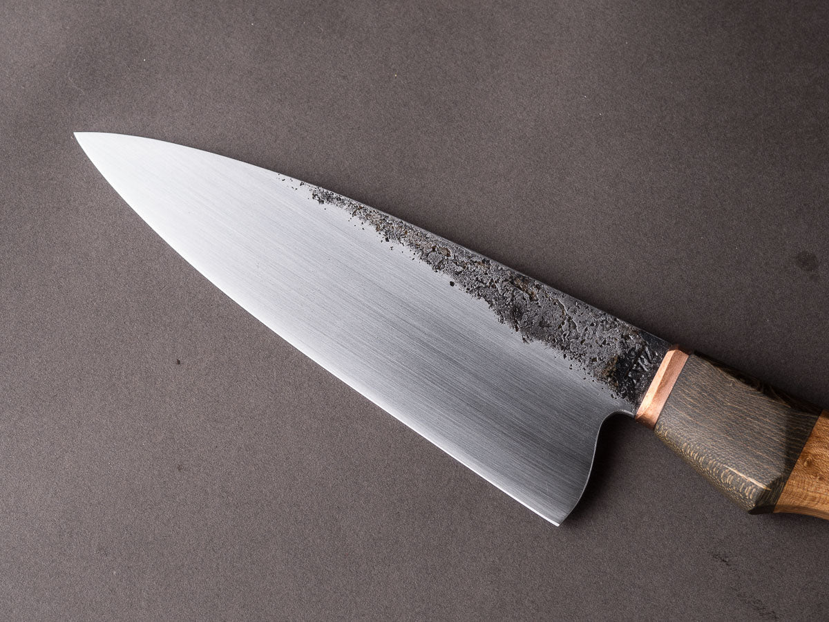 Zay Knives - 1084 Carbon - Chef Knife - Copper Bolster, Black Dyed Maple, & Birdseye Maple Handle - Image 7
