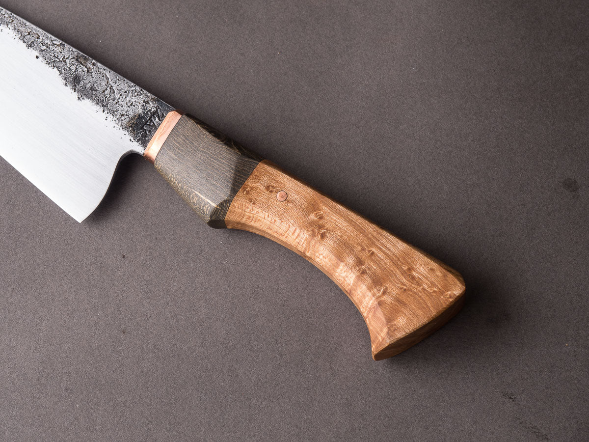 Zay Knives - 1084 Carbon - Chef Knife - Copper Bolster, Black Dyed Maple, & Birdseye Maple Handle - Image 8