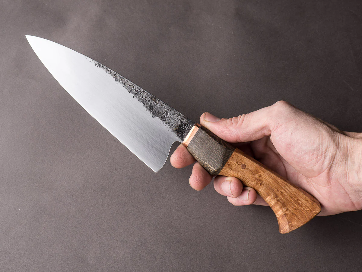 Zay Knives - 1084 Carbon - Chef Knife - Copper Bolster, Black Dyed Maple, & Birdseye Maple Handle - Image 9