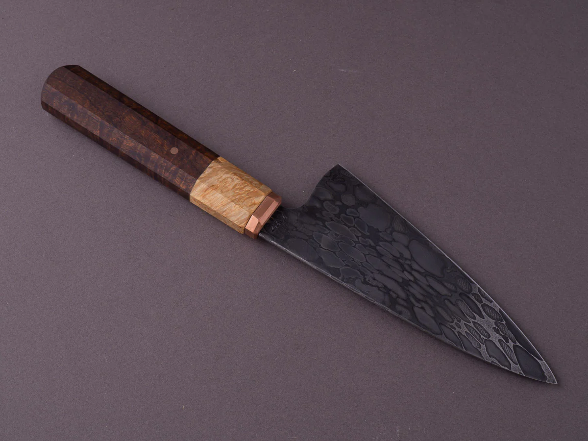 Zay Knives - Nickel Silver Ball Bearing Damascus - 140mm Chef - Copper Bolster, Maple Burl & Rosewood Handle - Image 4