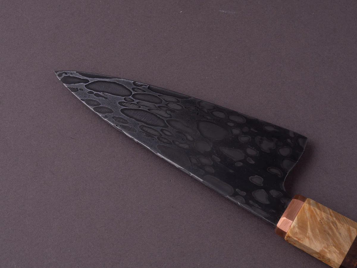 Zay Knives - Nickel Silver Ball Bearing Damascus - 140mm Chef - Copper Bolster, Maple Burl & Rosewood Handle - Image 5