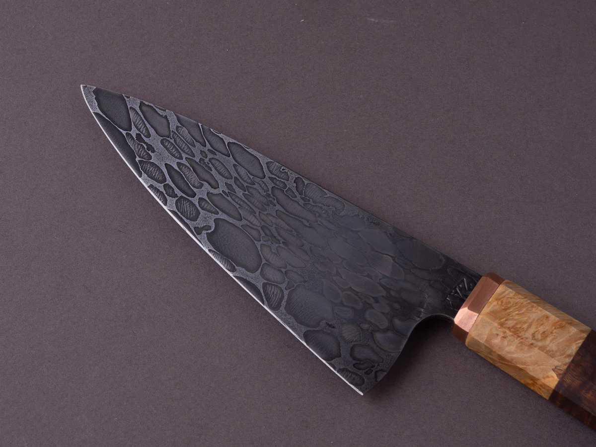 Zay Knives - Nickel Silver Ball Bearing Damascus - 140mm Chef - Copper Bolster, Maple Burl & Rosewood Handle - Image 6
