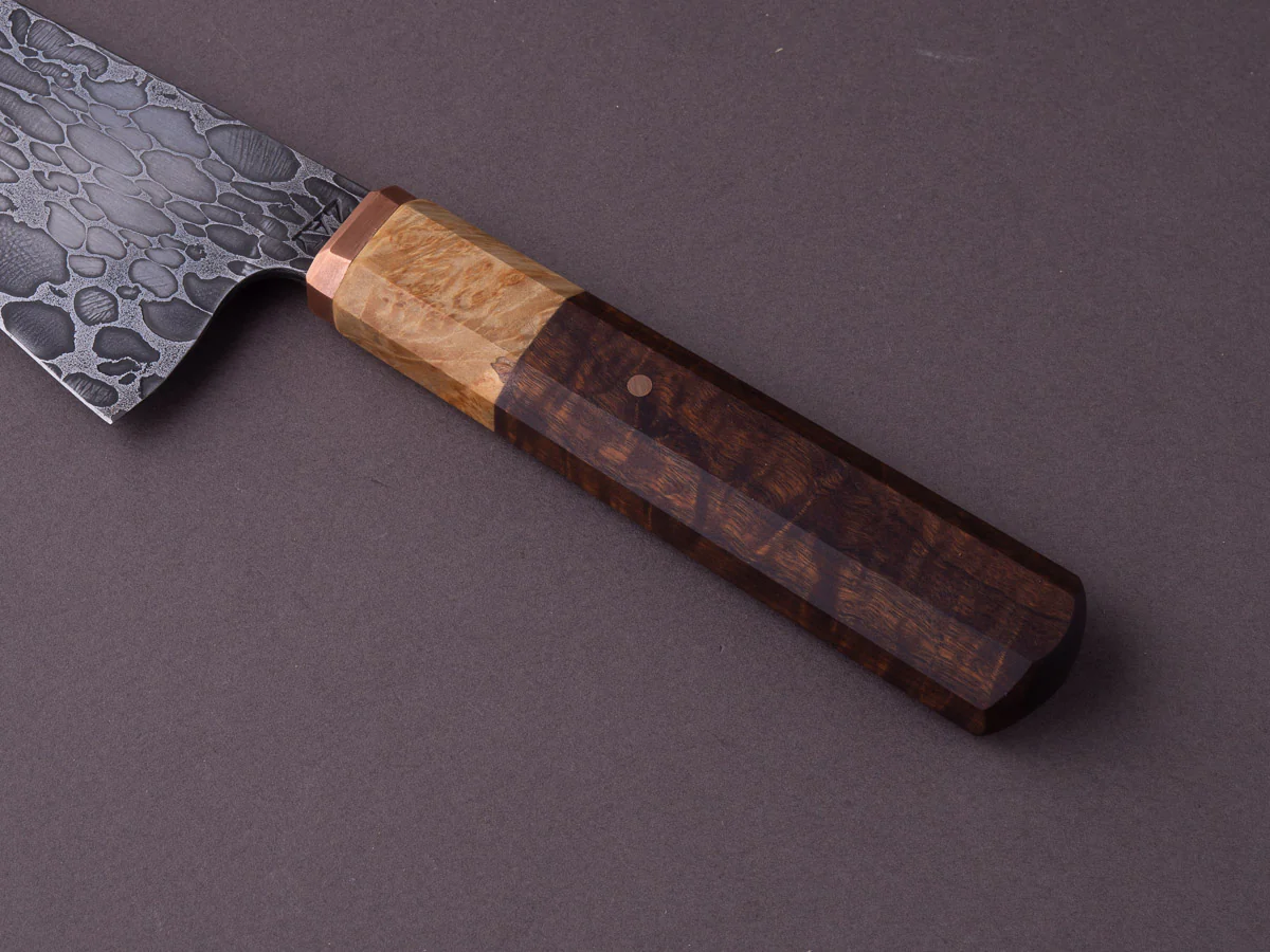 Zay Knives - Nickel Silver Ball Bearing Damascus - 140mm Chef - Copper Bolster, Maple Burl & Rosewood Handle - Image 7