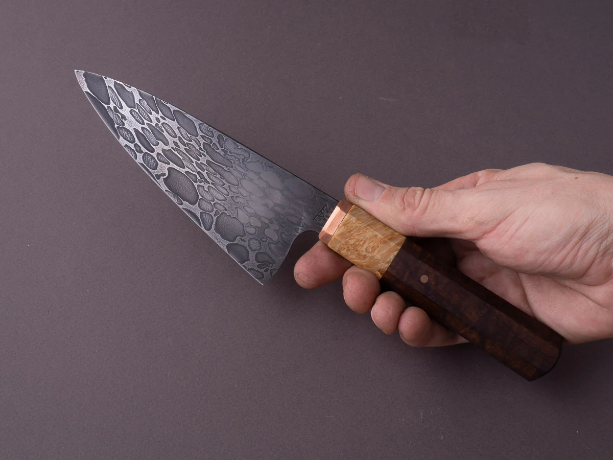 Zay Knives - Nickel Silver Ball Bearing Damascus - 140mm Chef - Copper Bolster, Maple Burl & Rosewood Handle - Image 8