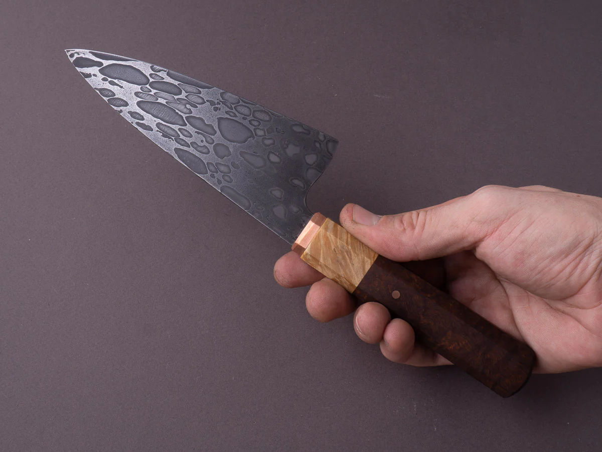 Zay Knives - Nickel Silver Ball Bearing Damascus - 140mm Chef - Copper Bolster, Maple Burl & Rosewood Handle - Image 9